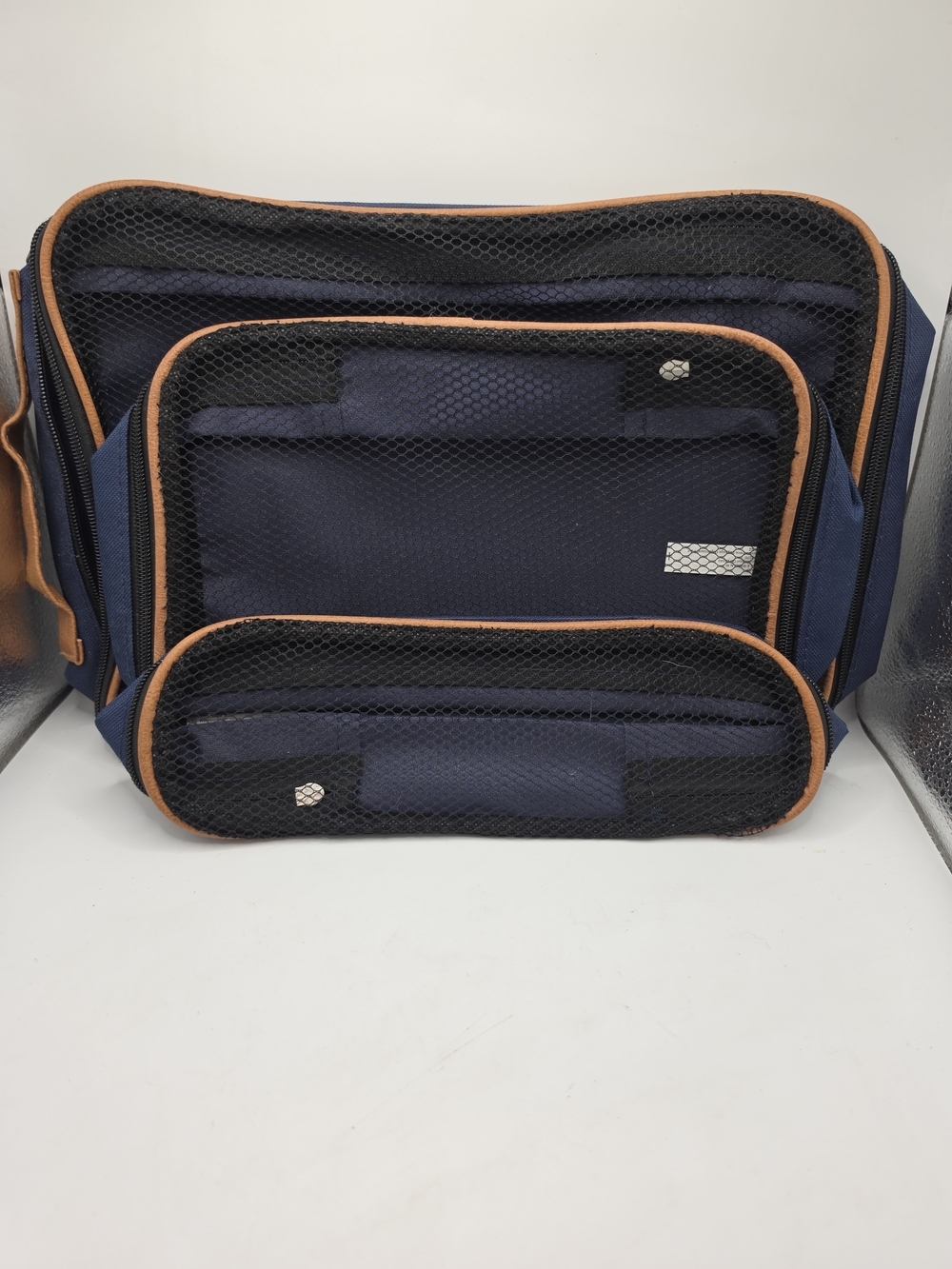 Navy Travel Organizer Set Toiletry Cosmetic Brown Trim 3-Piece Packing Cubes